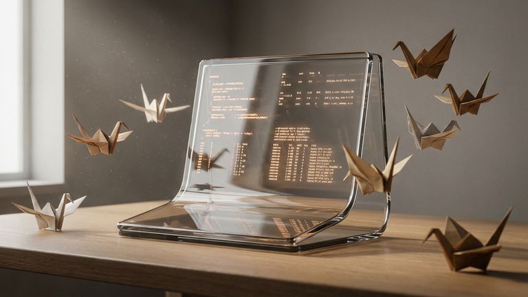 Glass terminal with orbiting paper cranes representing autonomous Claude Code agents