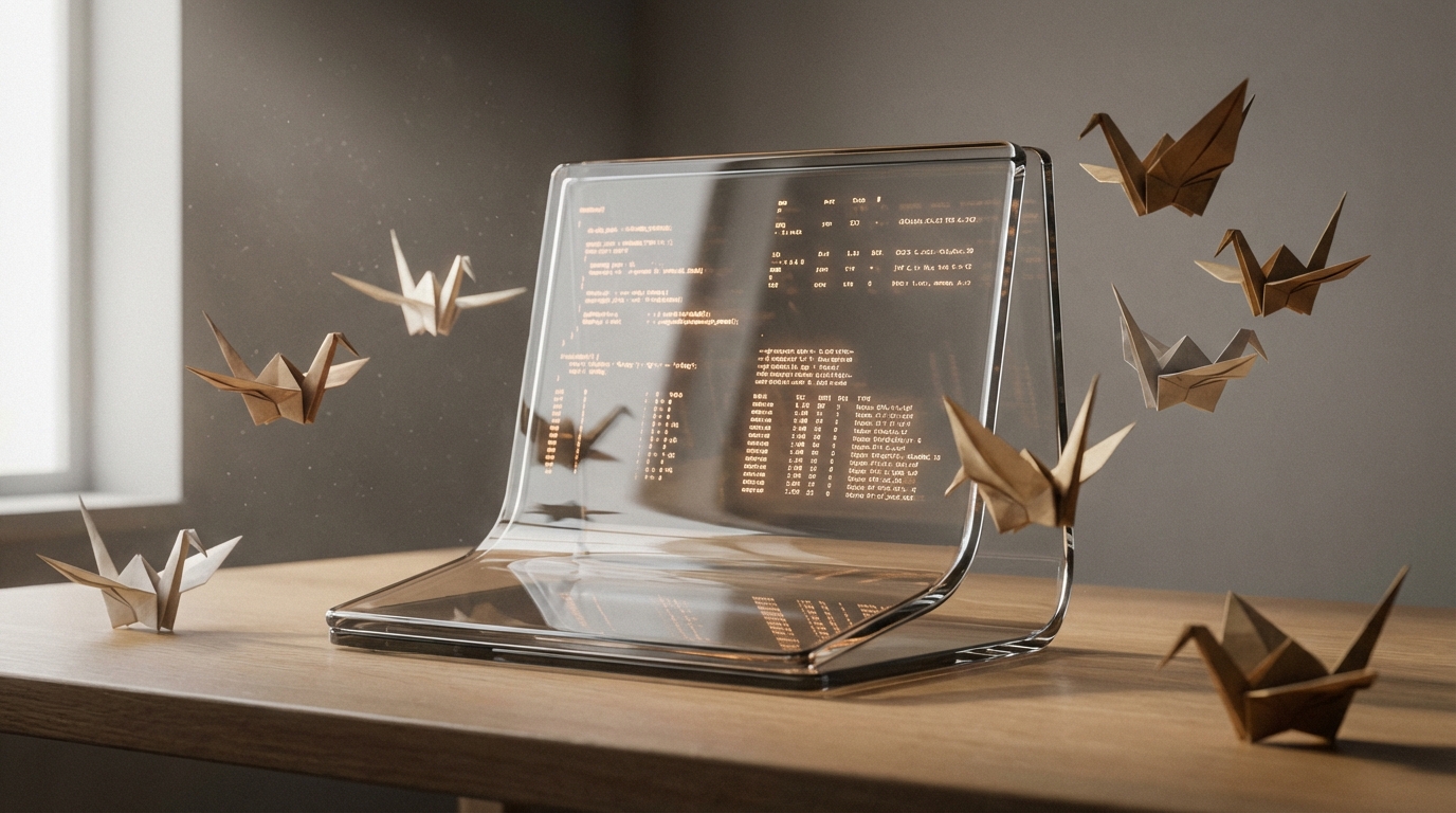 Glass terminal with orbiting paper cranes representing autonomous Claude Code agents