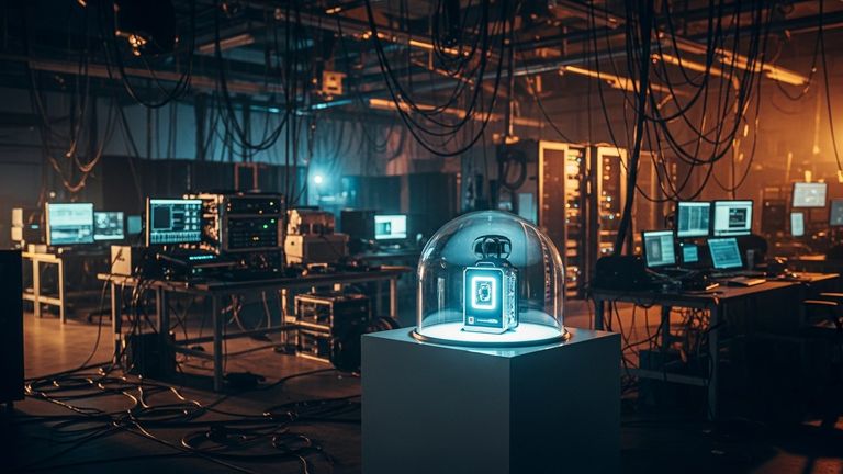 Pristine glass dome holding a glowing prototype device, dwarfed by a dim industrial workshop full of cables and server racks
