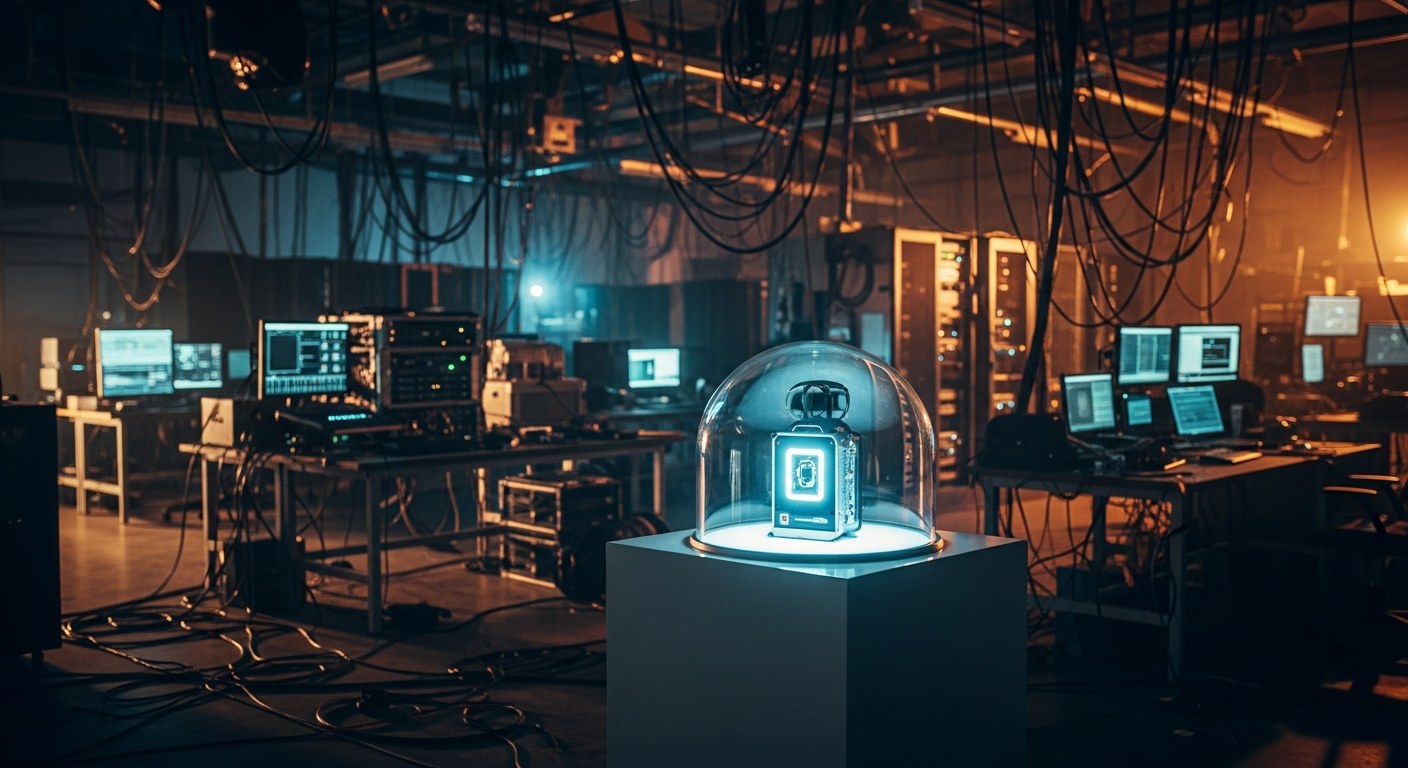 Pristine glass dome holding a glowing prototype device, dwarfed by a dim industrial workshop full of cables and server racks